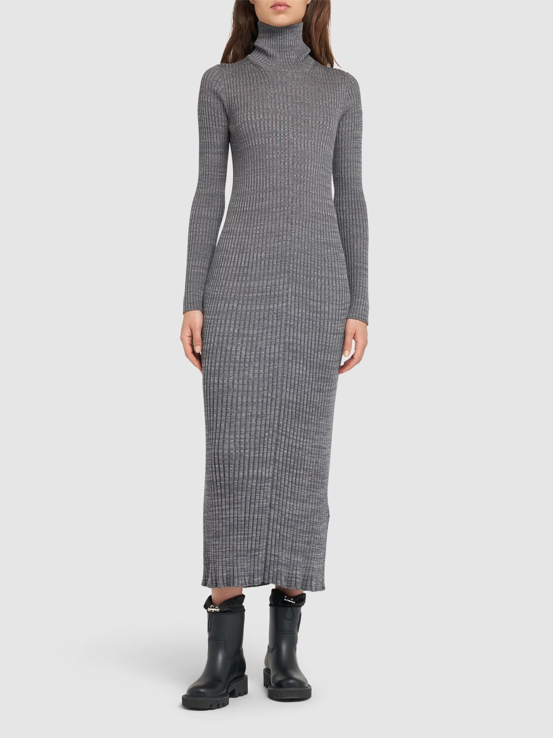 Shop Moncler Virgin Wool Midi Dress In Grey