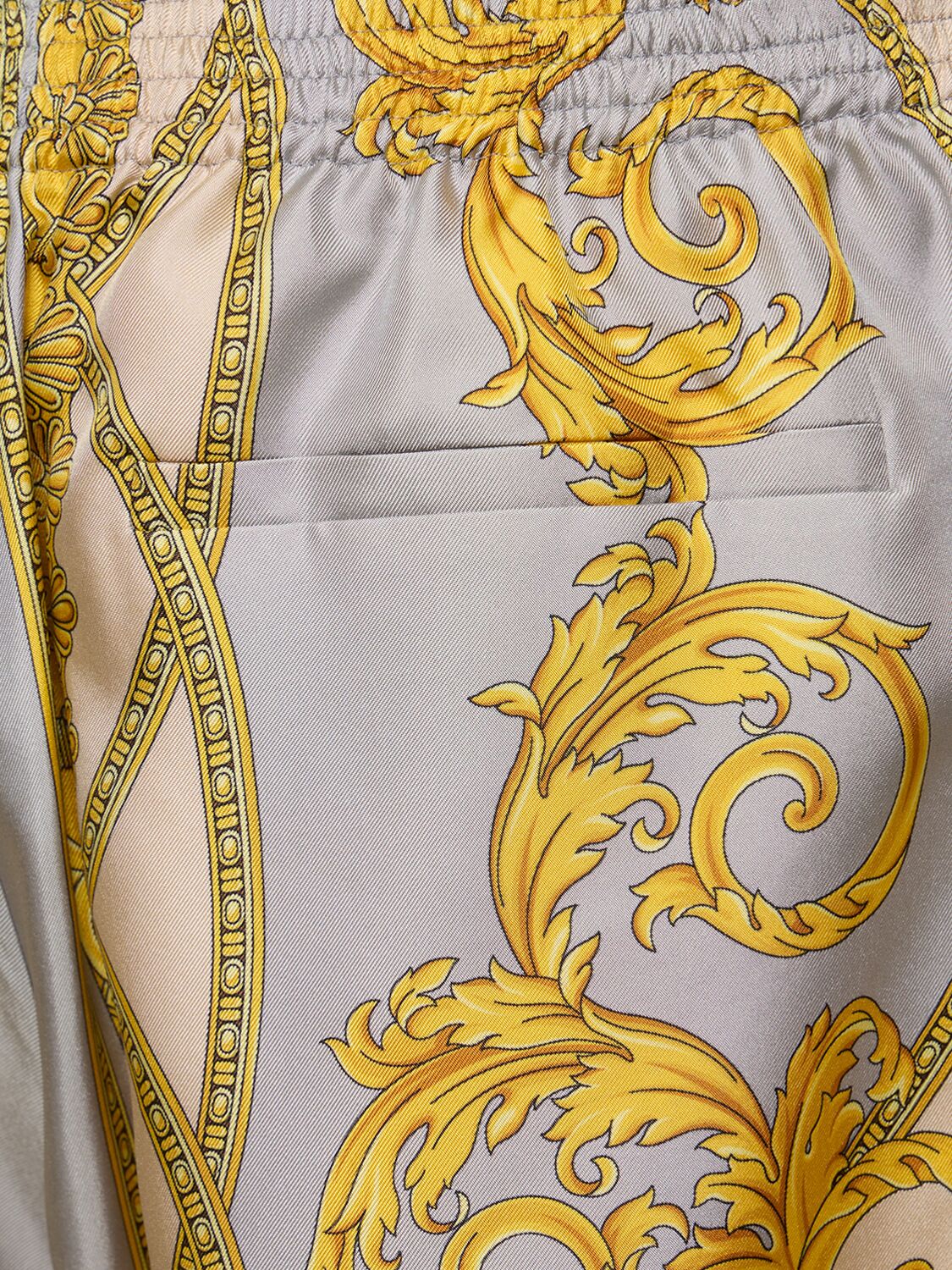 Shop Versace Baroque Print Silk Shorts In Grey/gold