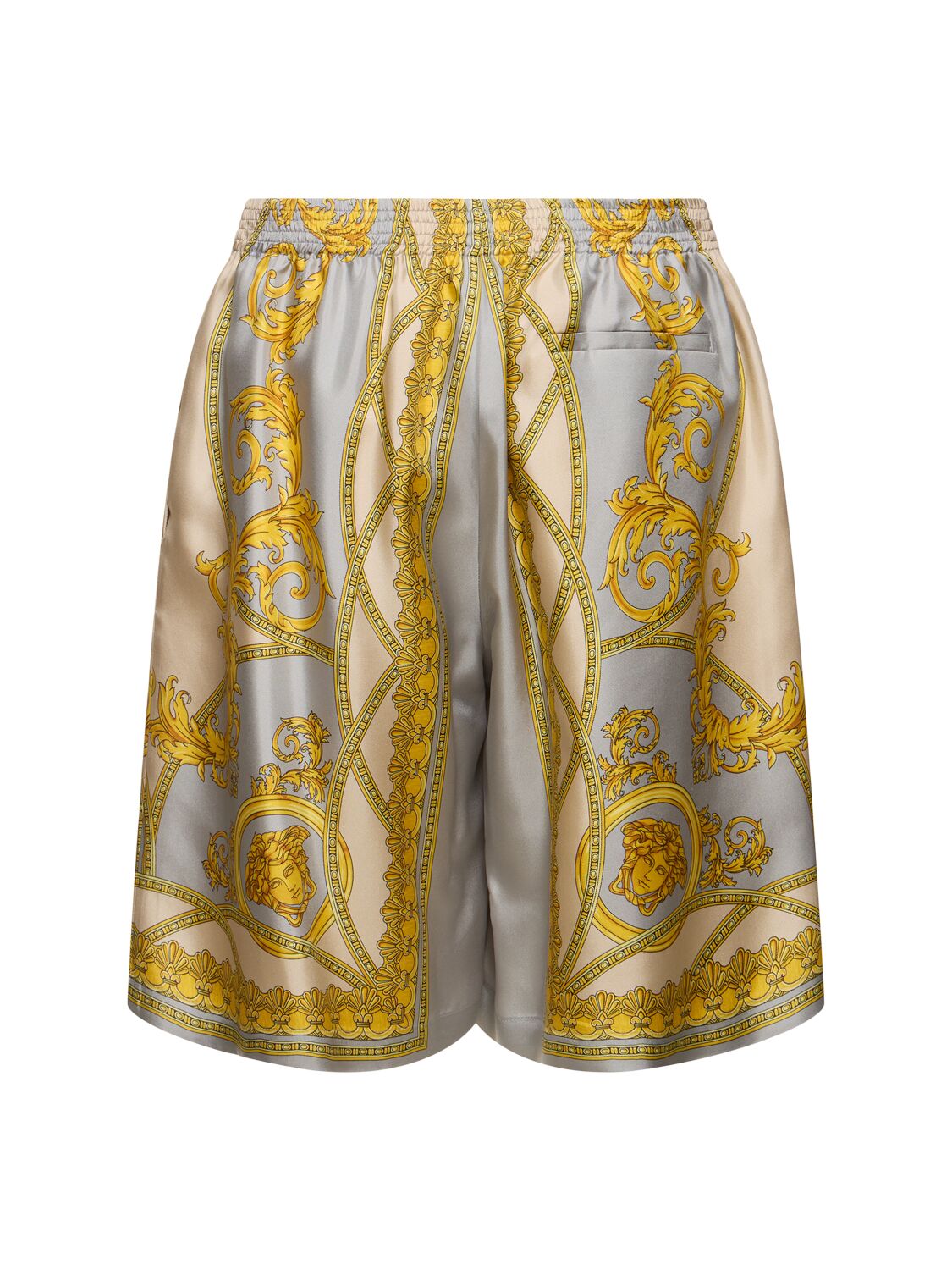 Shop Versace Baroque Print Silk Shorts In Grey/gold