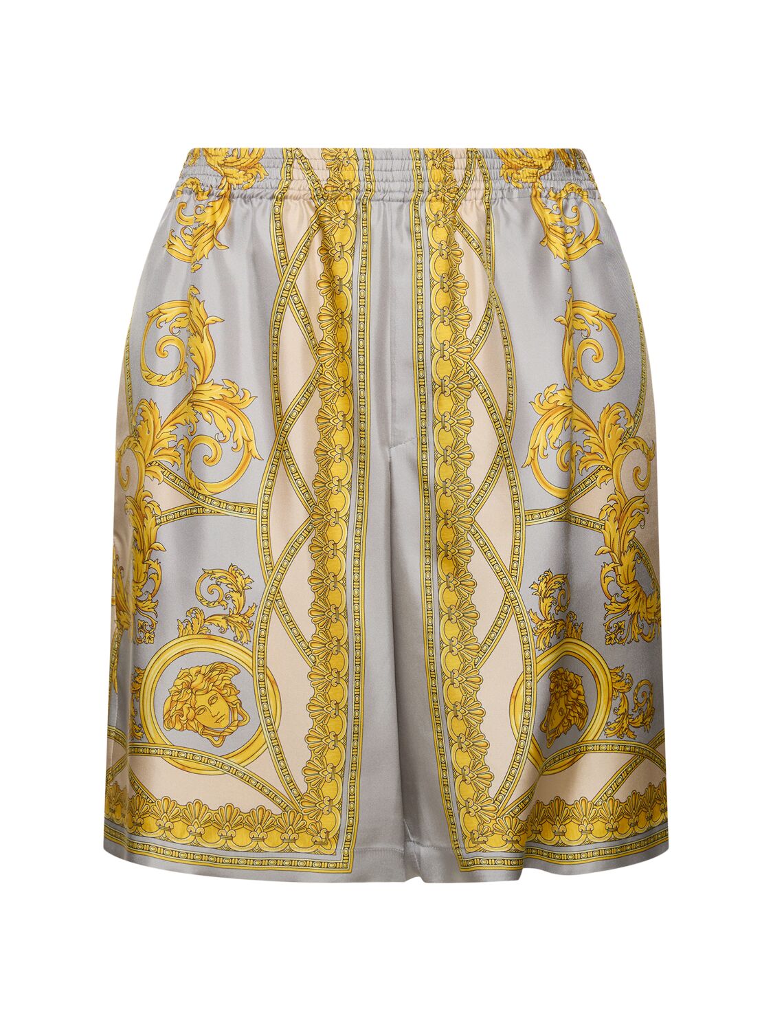 Shop Versace Baroque Print Silk Shorts In Grey/gold