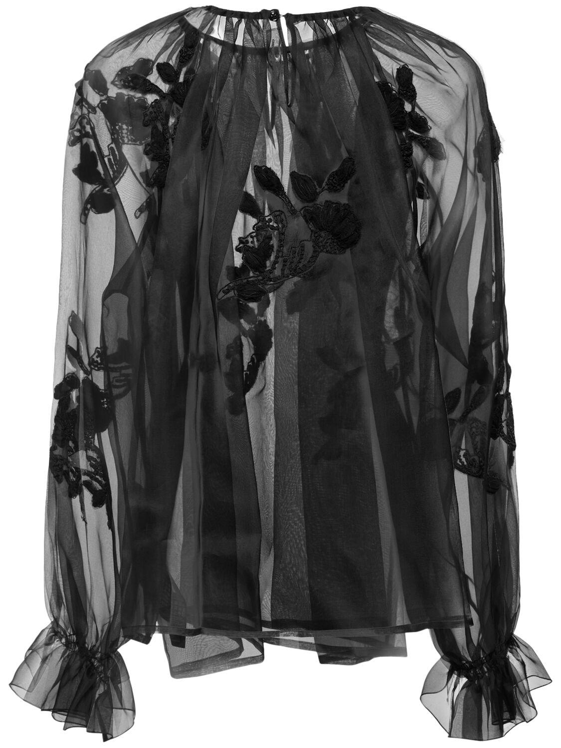 Shop Ermanno Scervino Embroidered Silk Organza Shirt In Black