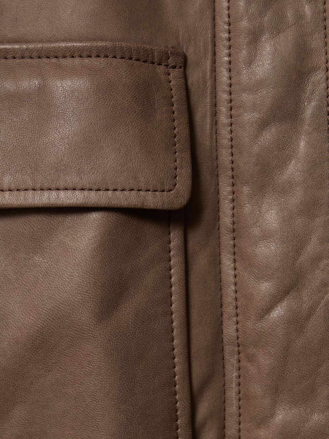 Brunello Cucinelli Leather Jacket With Shearling Collar And Ribbed Finish In Brown