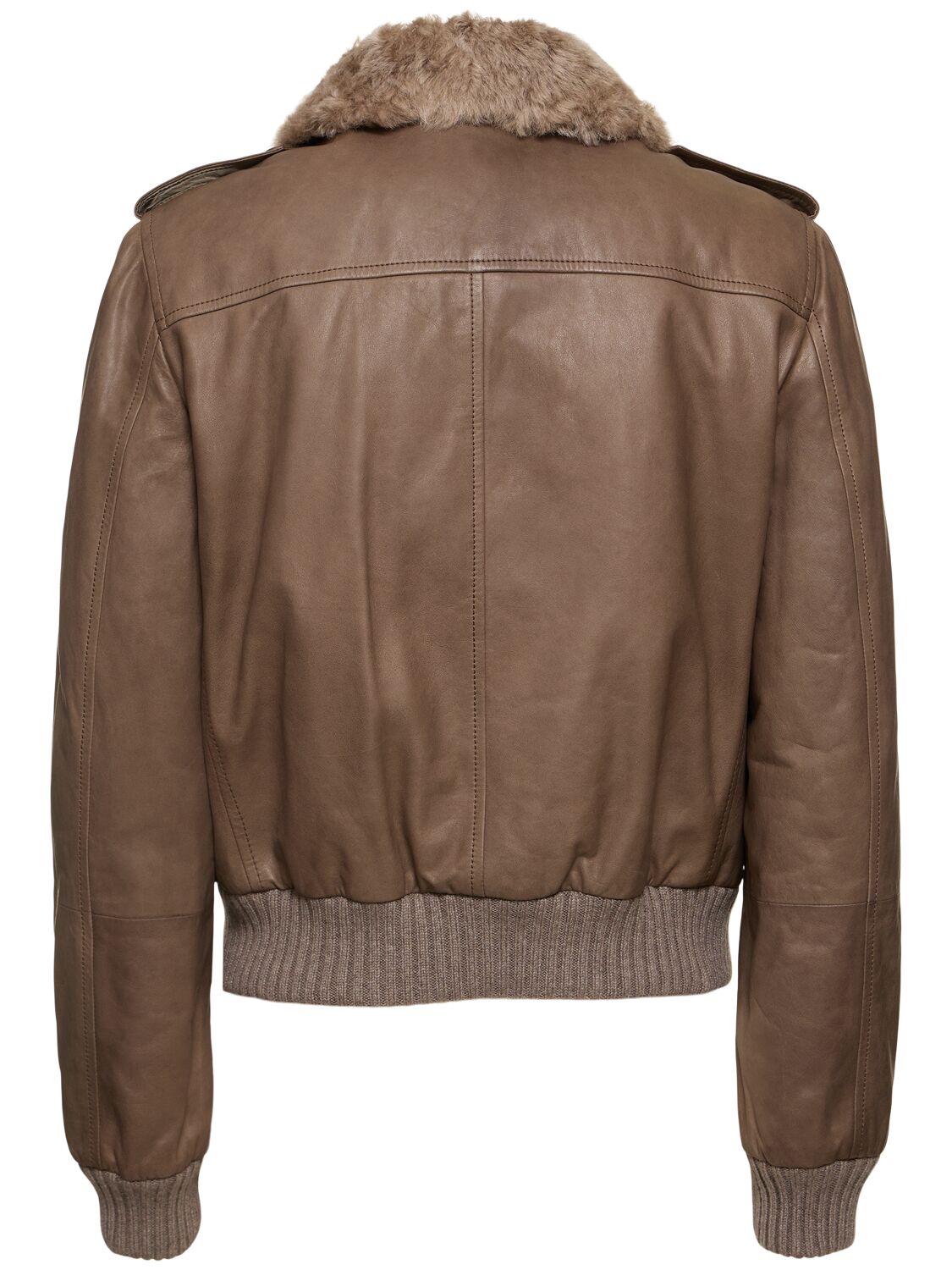 Brunello Cucinelli Leather Jacket With Shearling Collar And Ribbed Finish In Brown