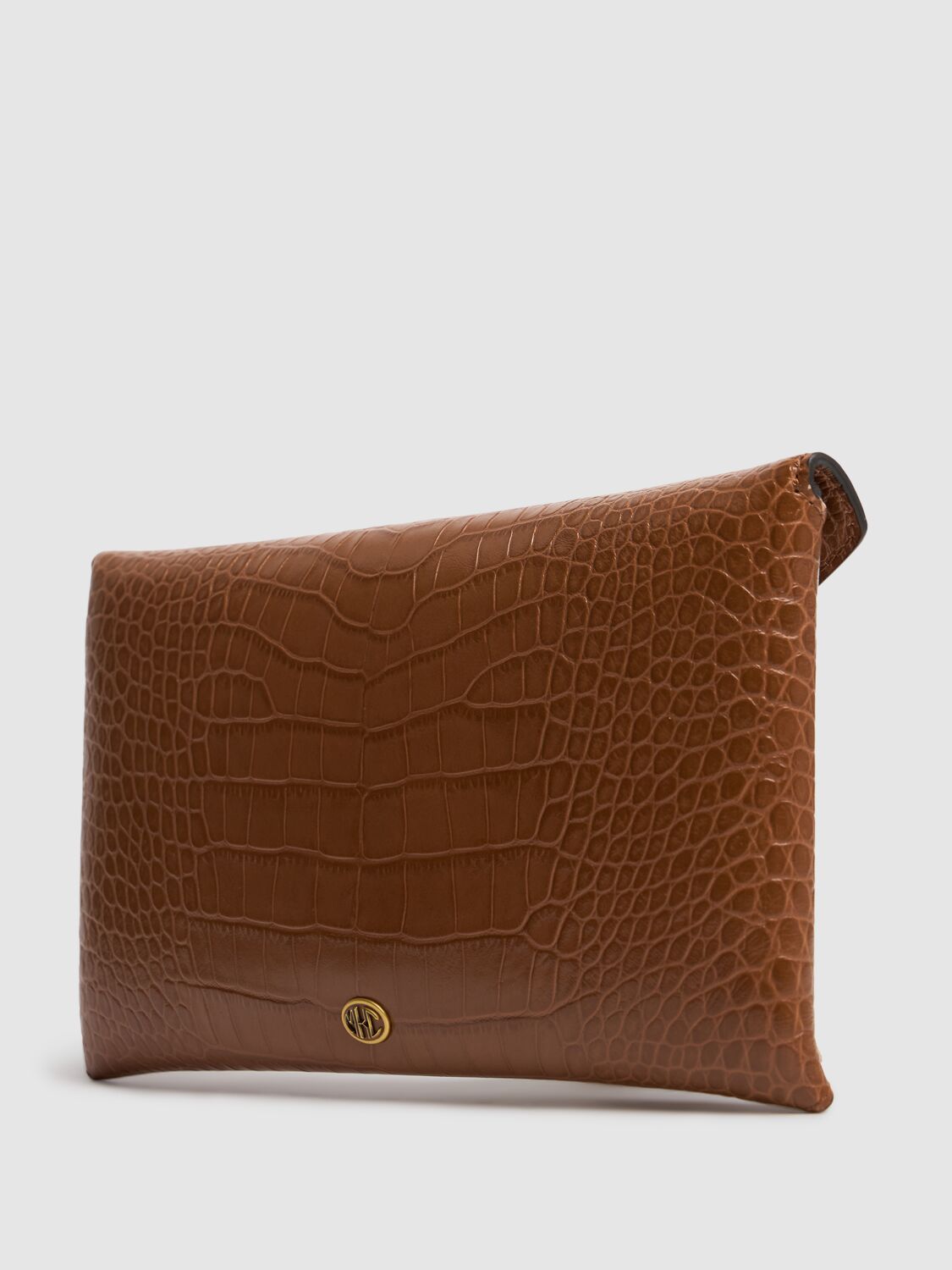 Shop Michael Kors Mia Envelop Shiny Croc Embossed Clutch In Saddle