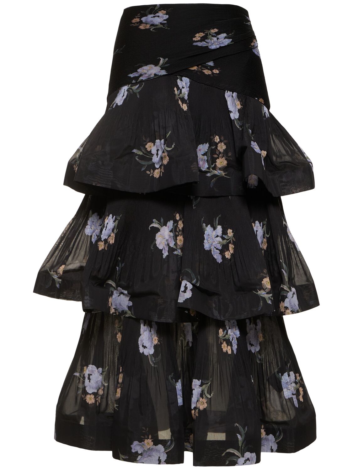 Shop Zimmermann Pleated Tiered Long Skirt In Black/multi