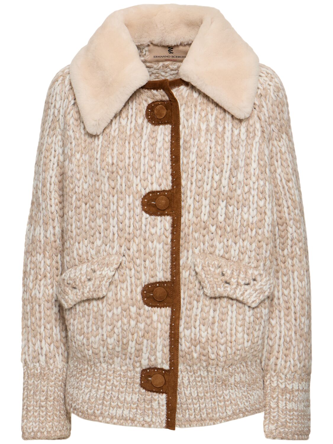 Ermanno Scervino Knit Shearling Jacket In Brown/multi