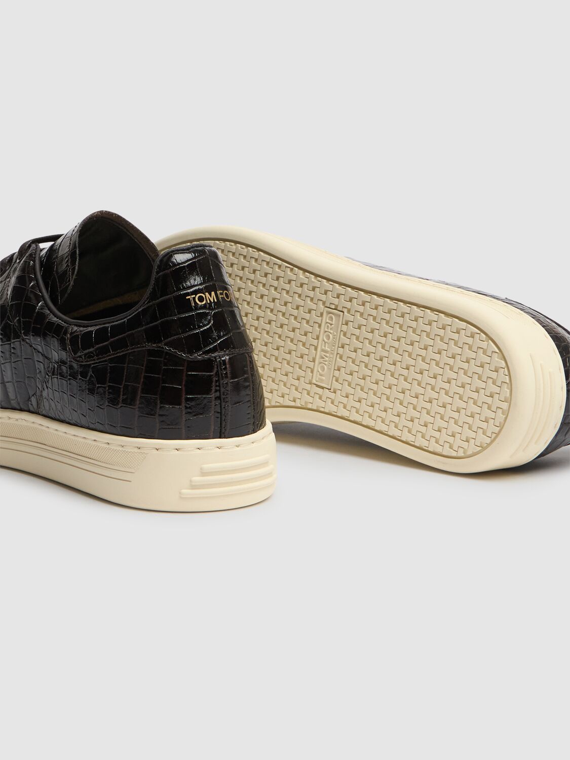 Shop Tom Ford Warwick Shiny Croc Embossed Low Sneakers In Ebony Brown Cre