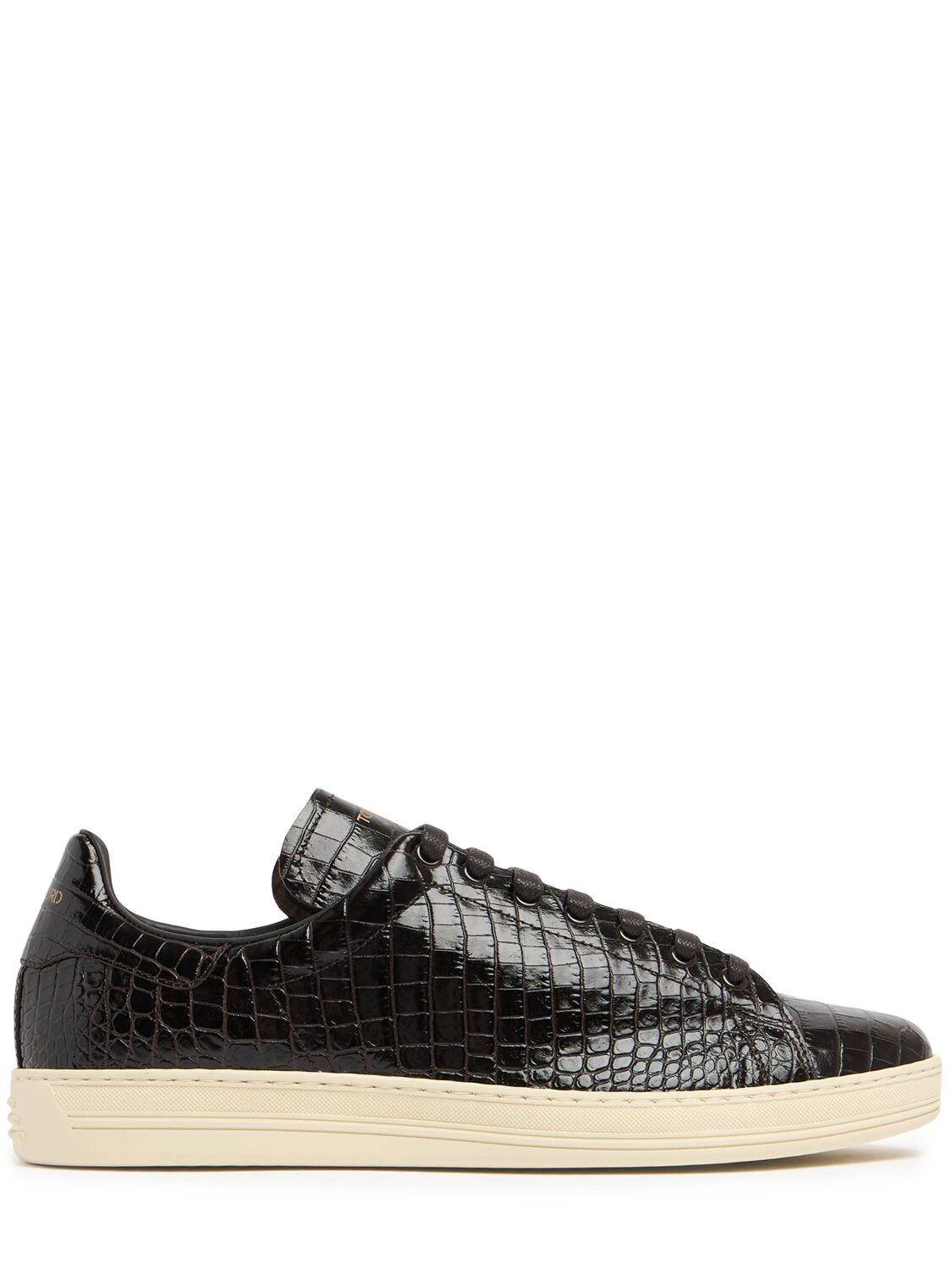 Shop Tom Ford Warwick Shiny Croc Embossed Low Sneakers In Ebony Brown Cre