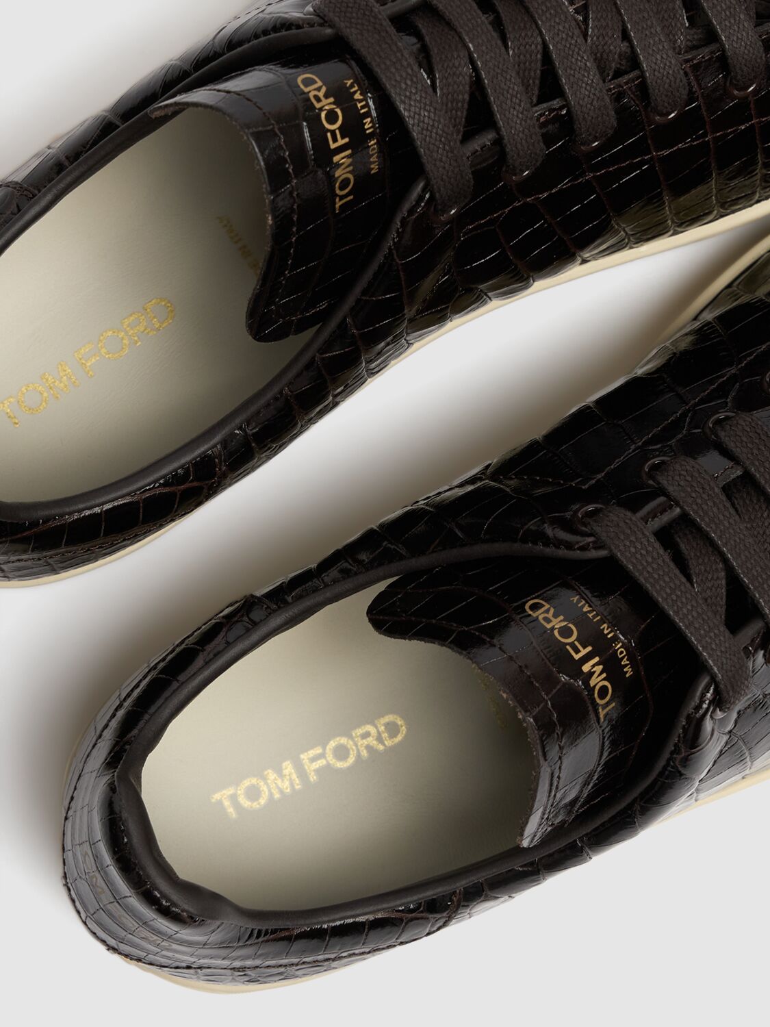 Shop Tom Ford Warwick Shiny Croc Embossed Low Sneakers In Ebony Brown Cre