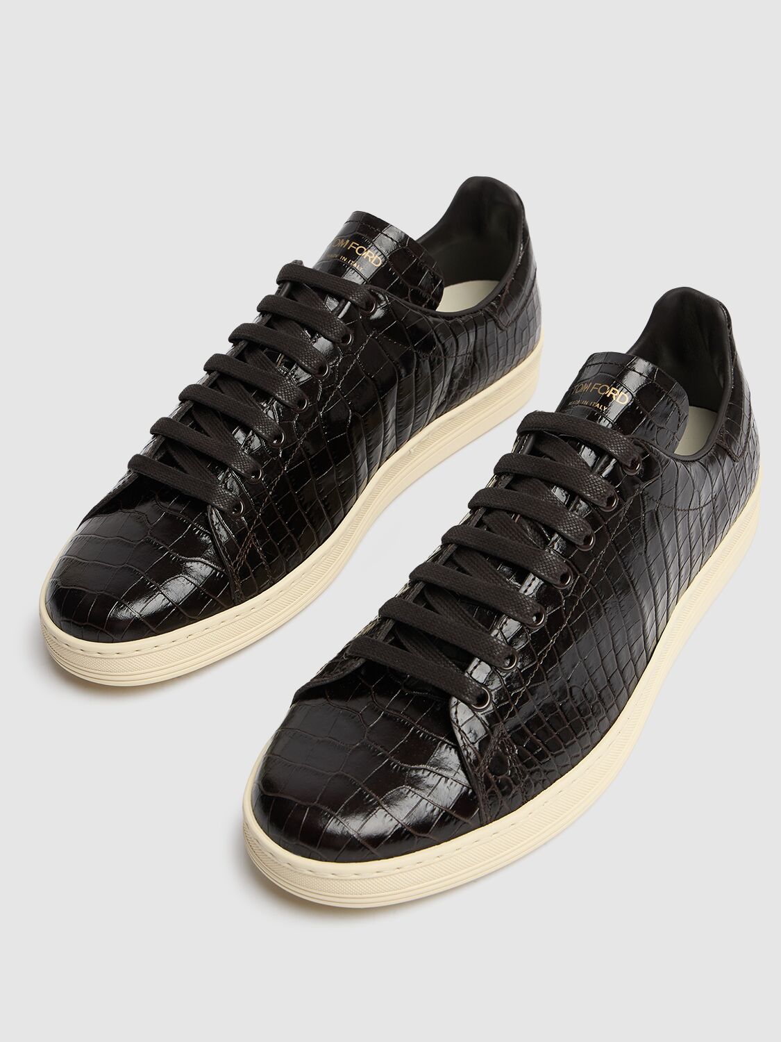 Shop Tom Ford Warwick Shiny Croc Embossed Low Sneakers In Ebony Brown Cre