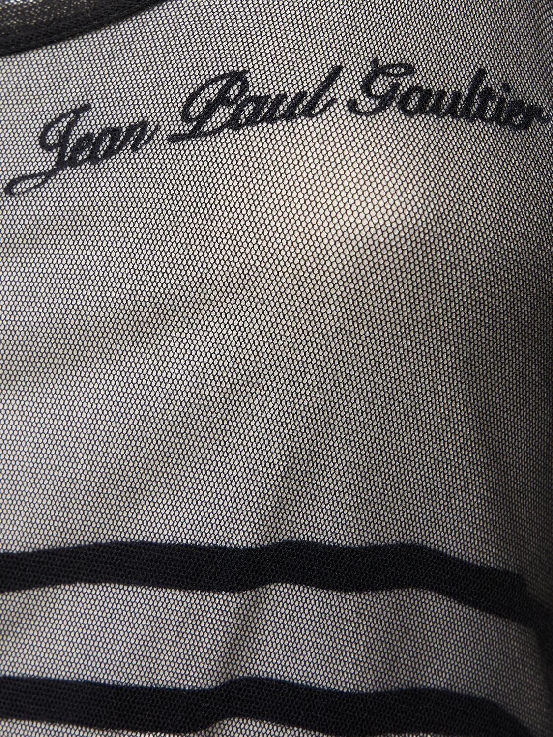 Shop Jean Paul Gaultier Striped Printed Mesh Long Dress In Navy/white