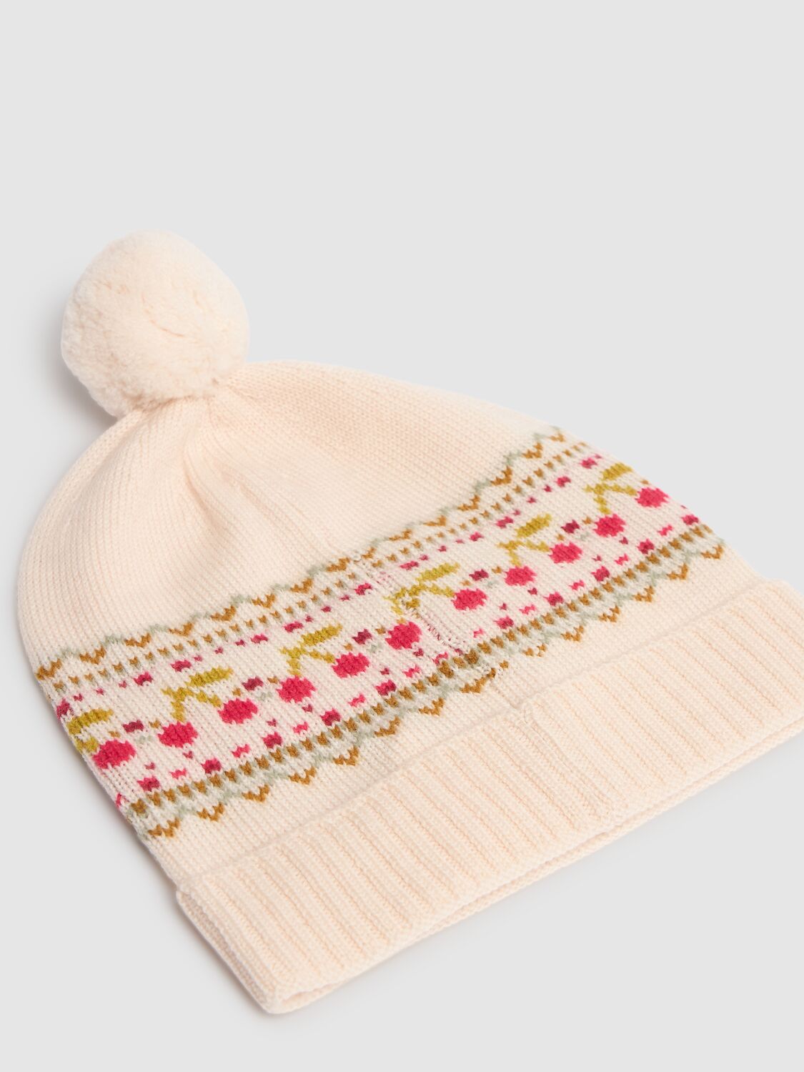 Shop Bonpoint Jacquard Wool Knit Beanie W/pompon In Beige