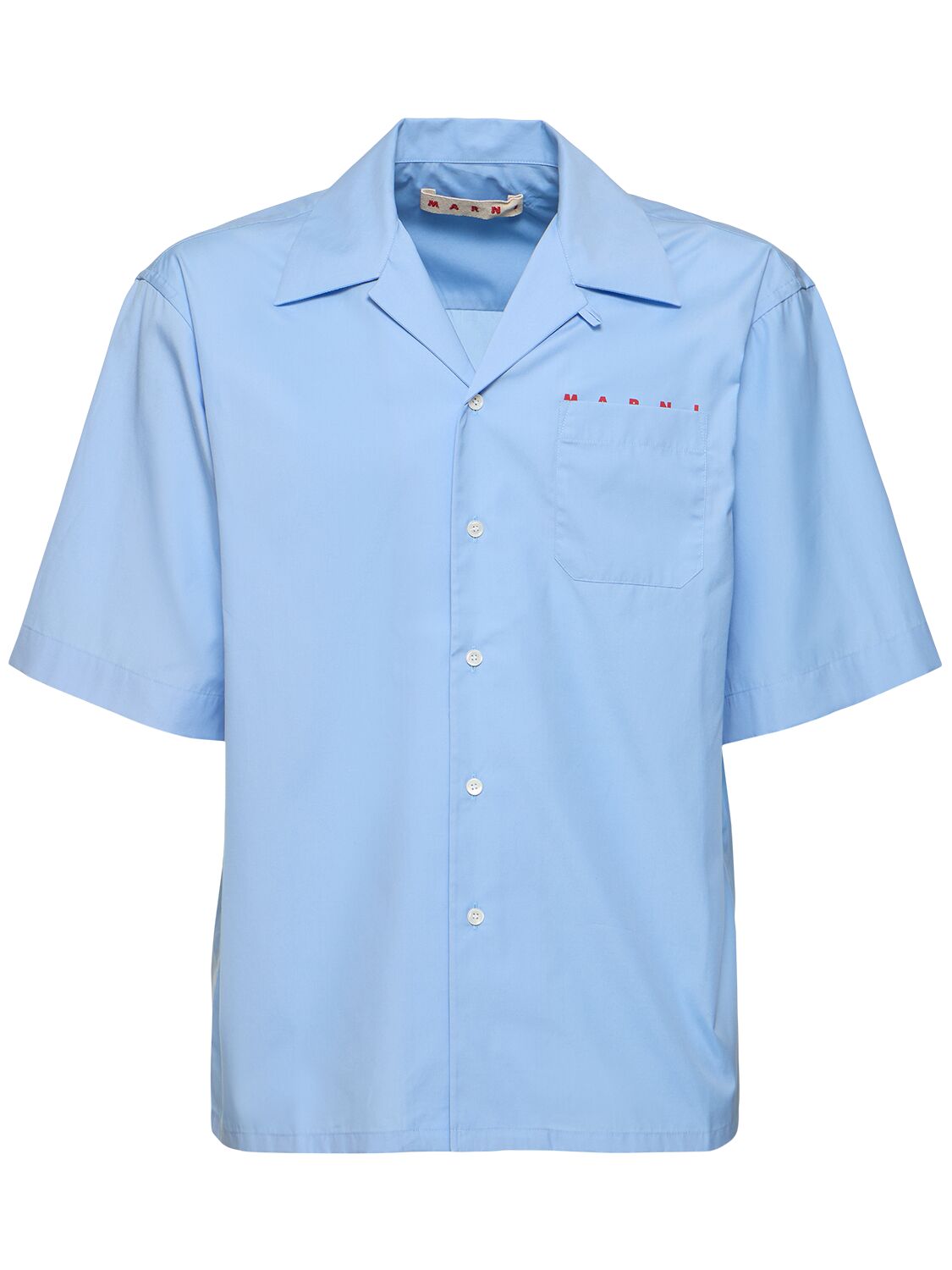 Marni Logo Cotton Poplin Boxy S/s Shirt In Blue