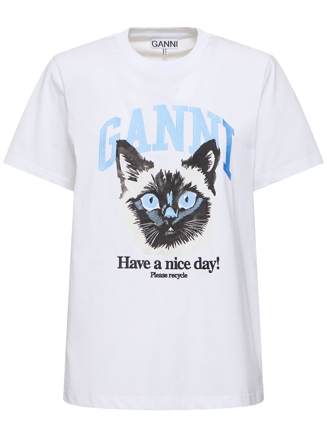 Ganni Cat Print Organic Cotton T-shirt In White