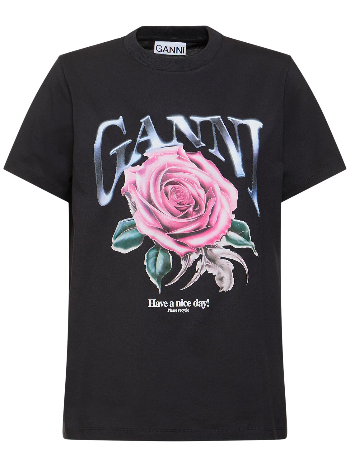 Shop Ganni Rose Print Organic Cotton T-shirt In Black