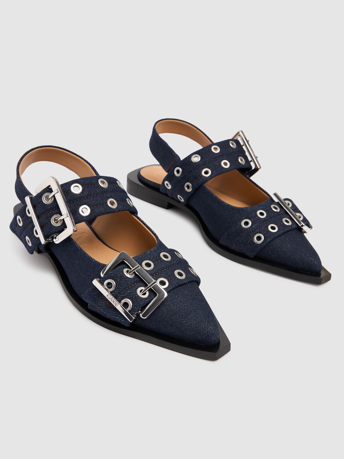 GANNI 20MM CHUNKY BUCKLE DENIM BALLERINAS 