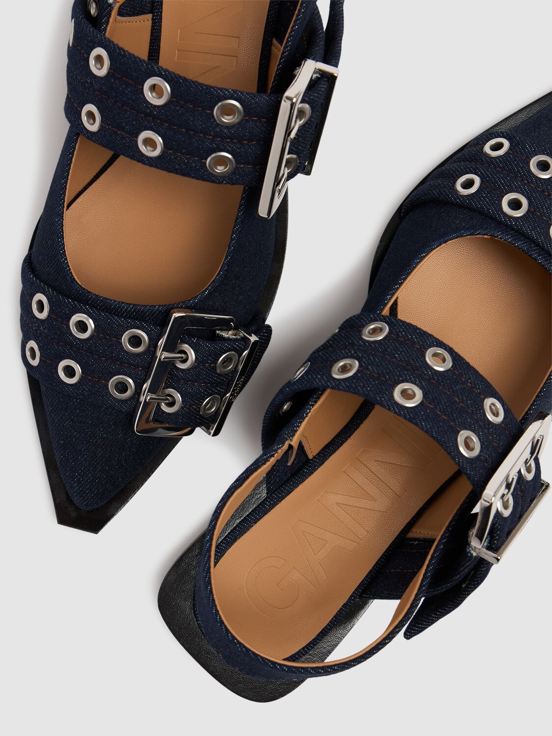 GANNI 20MM CHUNKY BUCKLE DENIM BALLERINAS 