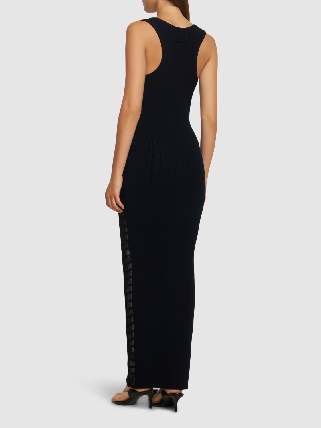 Shop Jean Paul Gaultier Striped Printed Mesh Long Dress In Navy/white