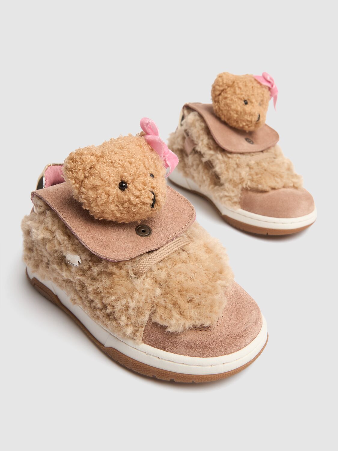 Shop Monnalisa Leather Sneakers W/bear Appliqué In Beige