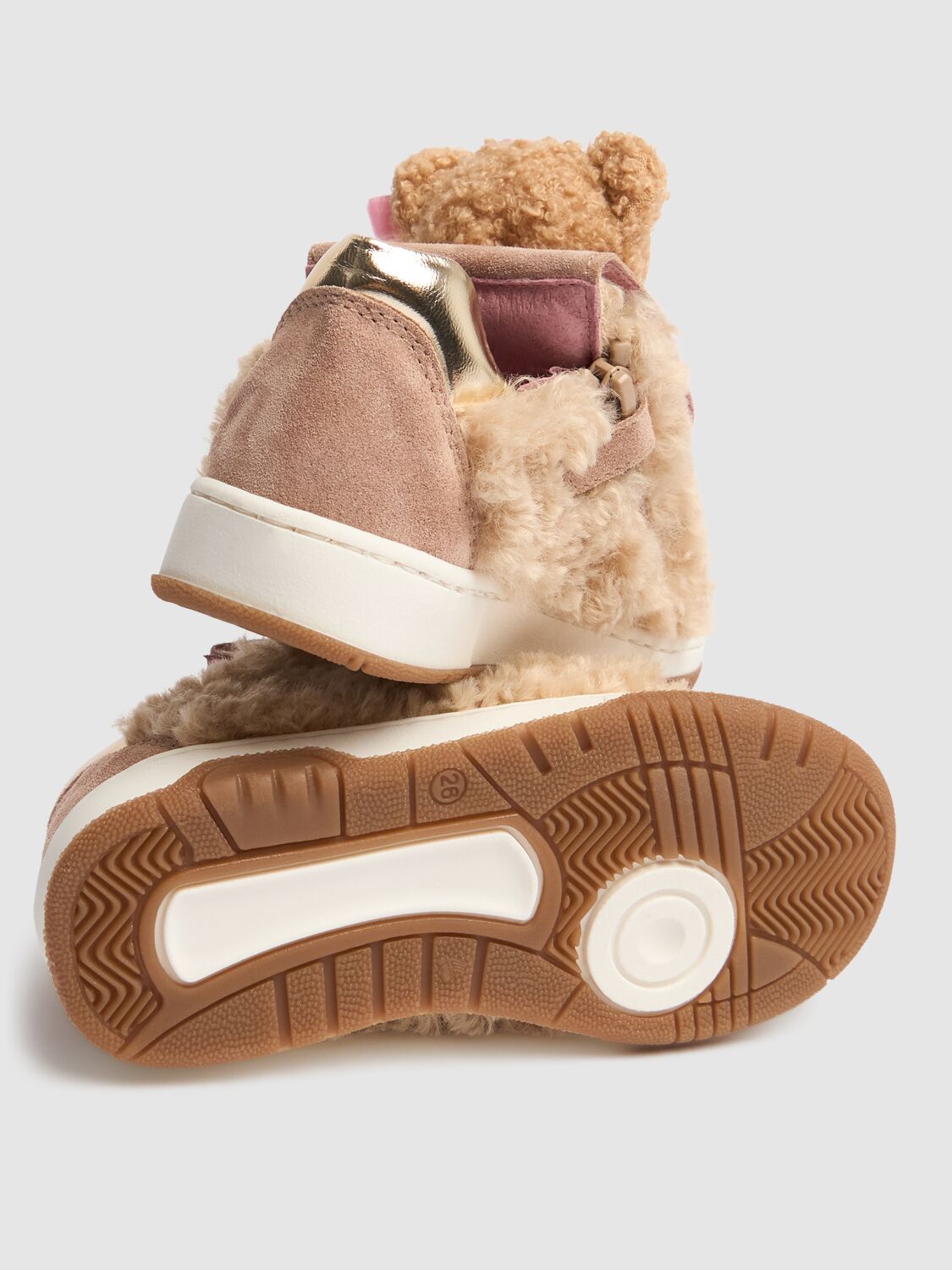 Shop Monnalisa Leather Sneakers W/bear Appliqué In Beige