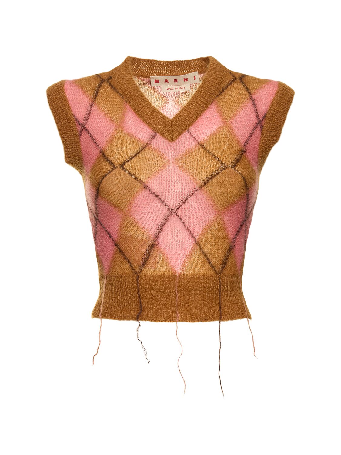 Shop Marni Mohair Blend Intarsia V Neck Vest In Brown/pink