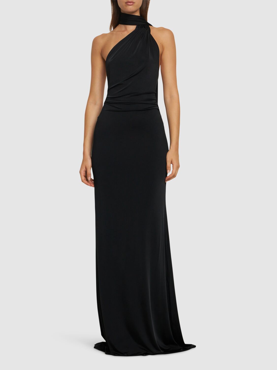 Shop Nina Ricci Draped Halter Gown W/scarf In Black