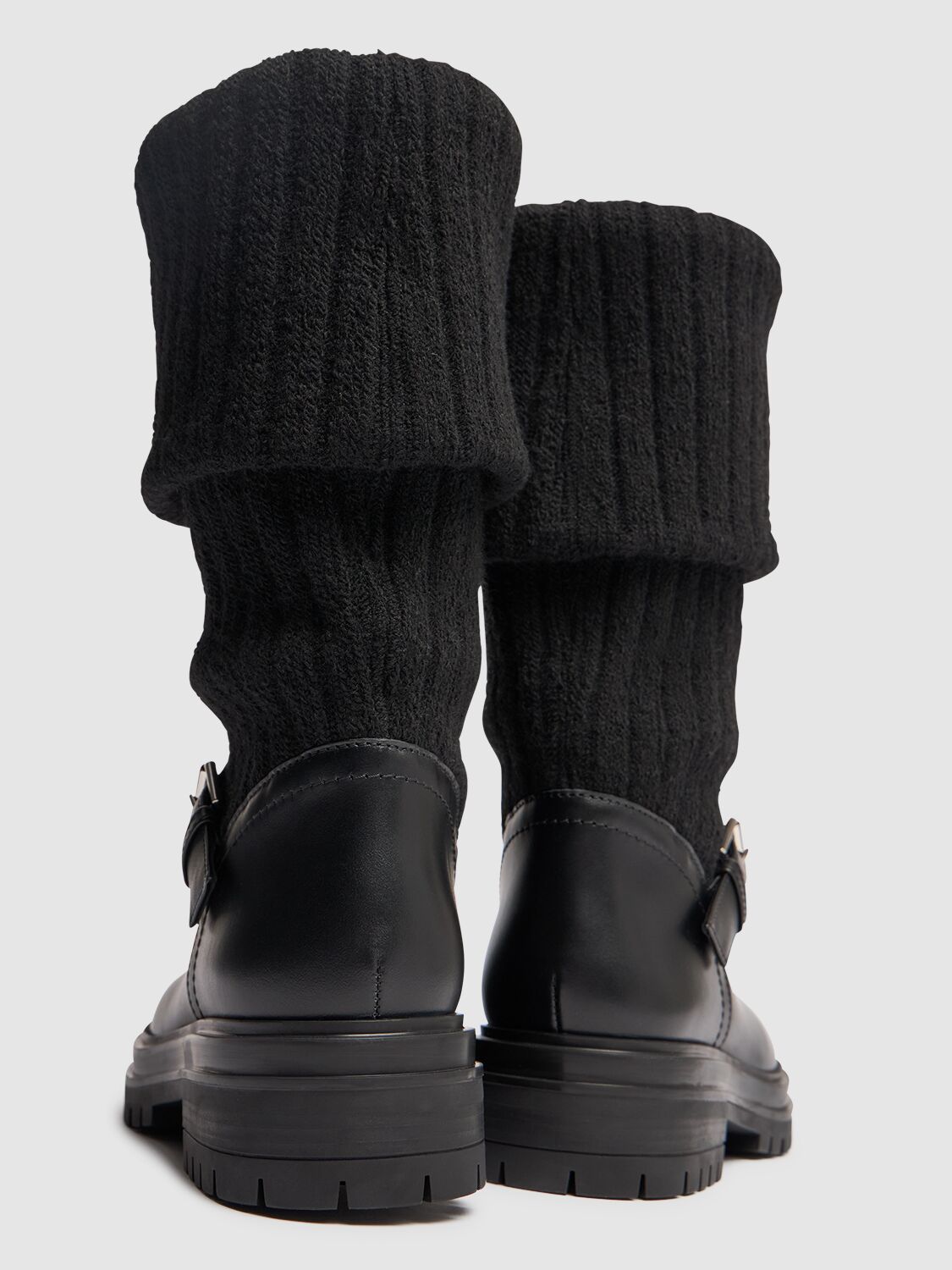 Shop Gianvito Rossi 20mm Knit & Leather Biker Boots In Black