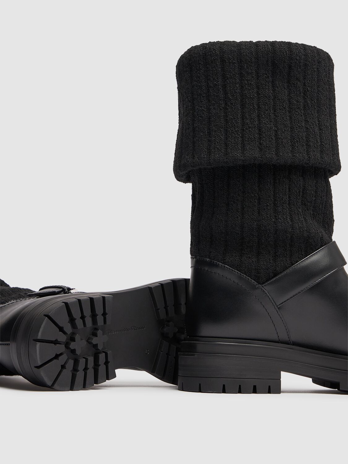 Shop Gianvito Rossi 20mm Knit & Leather Biker Boots In Black