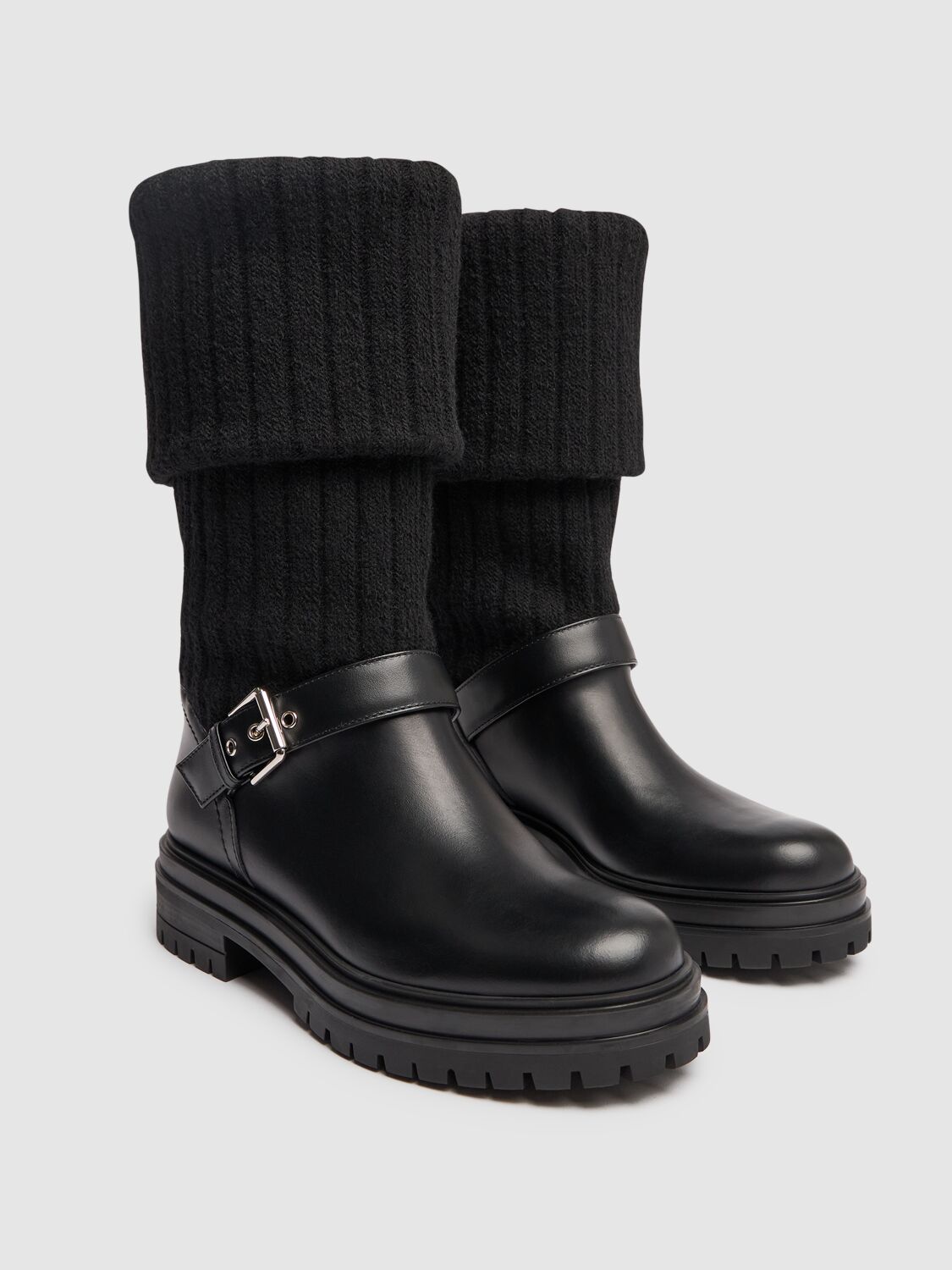 Shop Gianvito Rossi 20mm Knit & Leather Biker Boots In Black