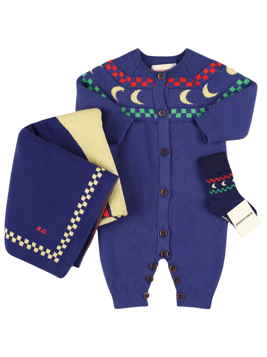 Bobo Choses Cotton Knit Romper, Socks & Blanket In Blue