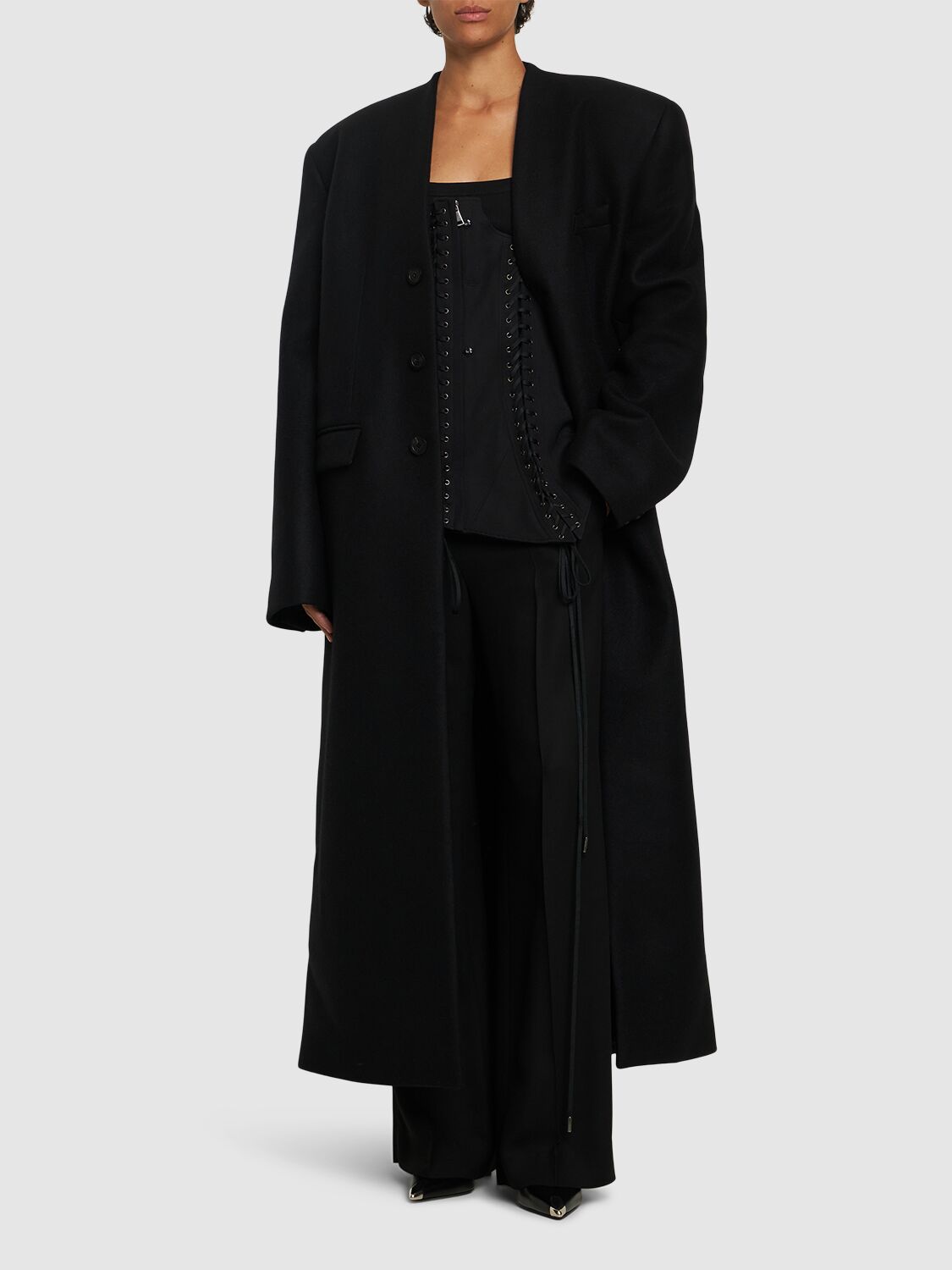 Shop Jean Paul Gaultier Wool Long Coat W/ Corset In 黑色