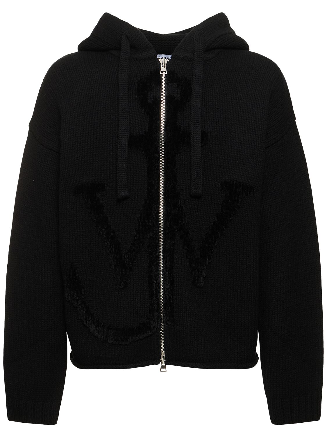 Jw Anderson Anchor Logo Wool Zip-up Hoodie In Black