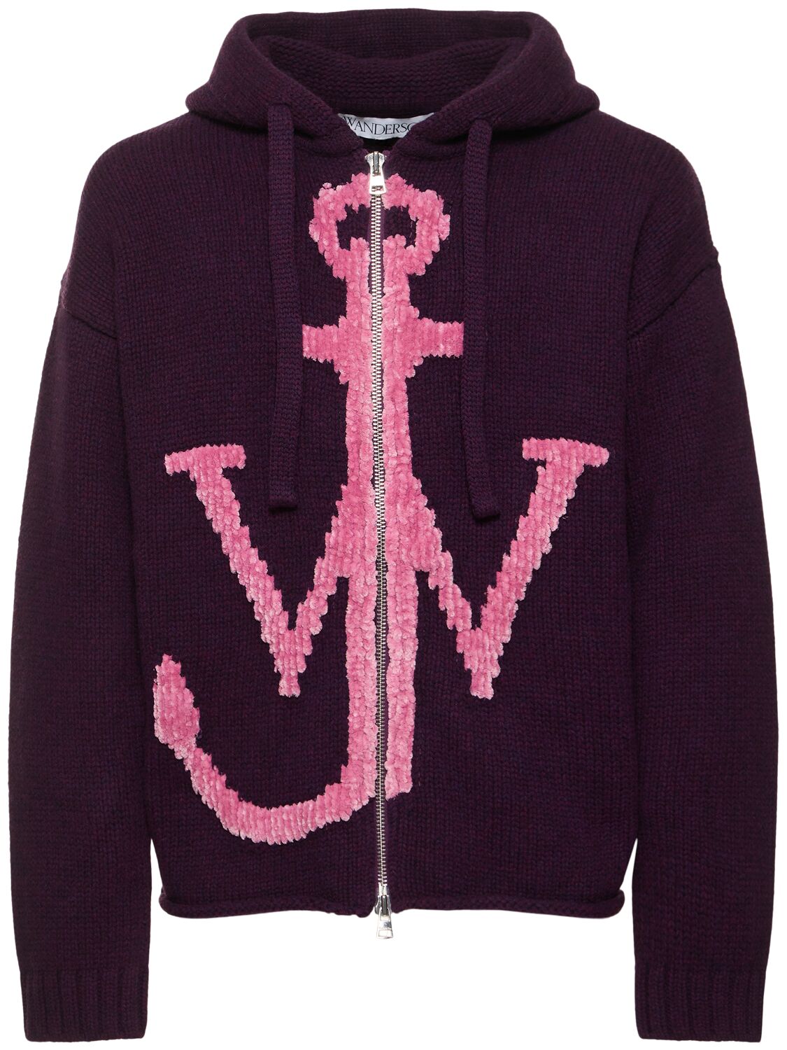 Shop Jw Anderson Anchor Logo Wool Zip-up Hoodie In 紫红色