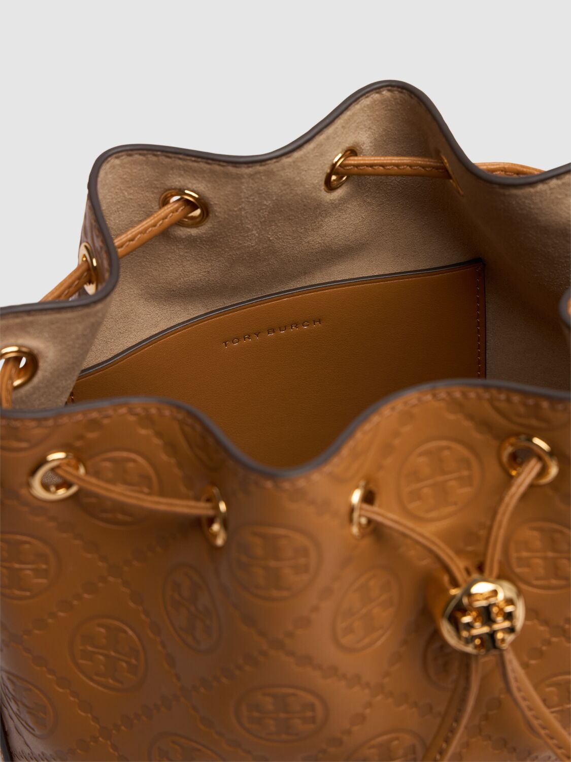 Shop Tory Burch T Monogram Leather Bucket Bag In Tan