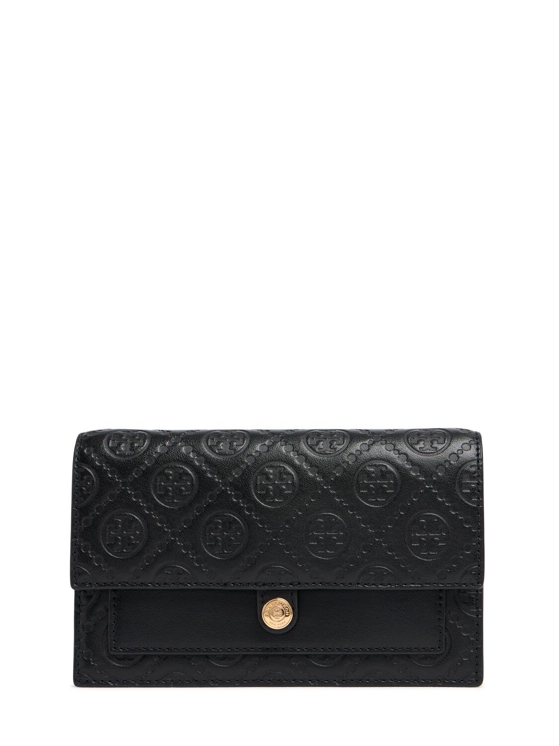 Tory Burch T Monogram Leather Wallet W/ Chain In Black