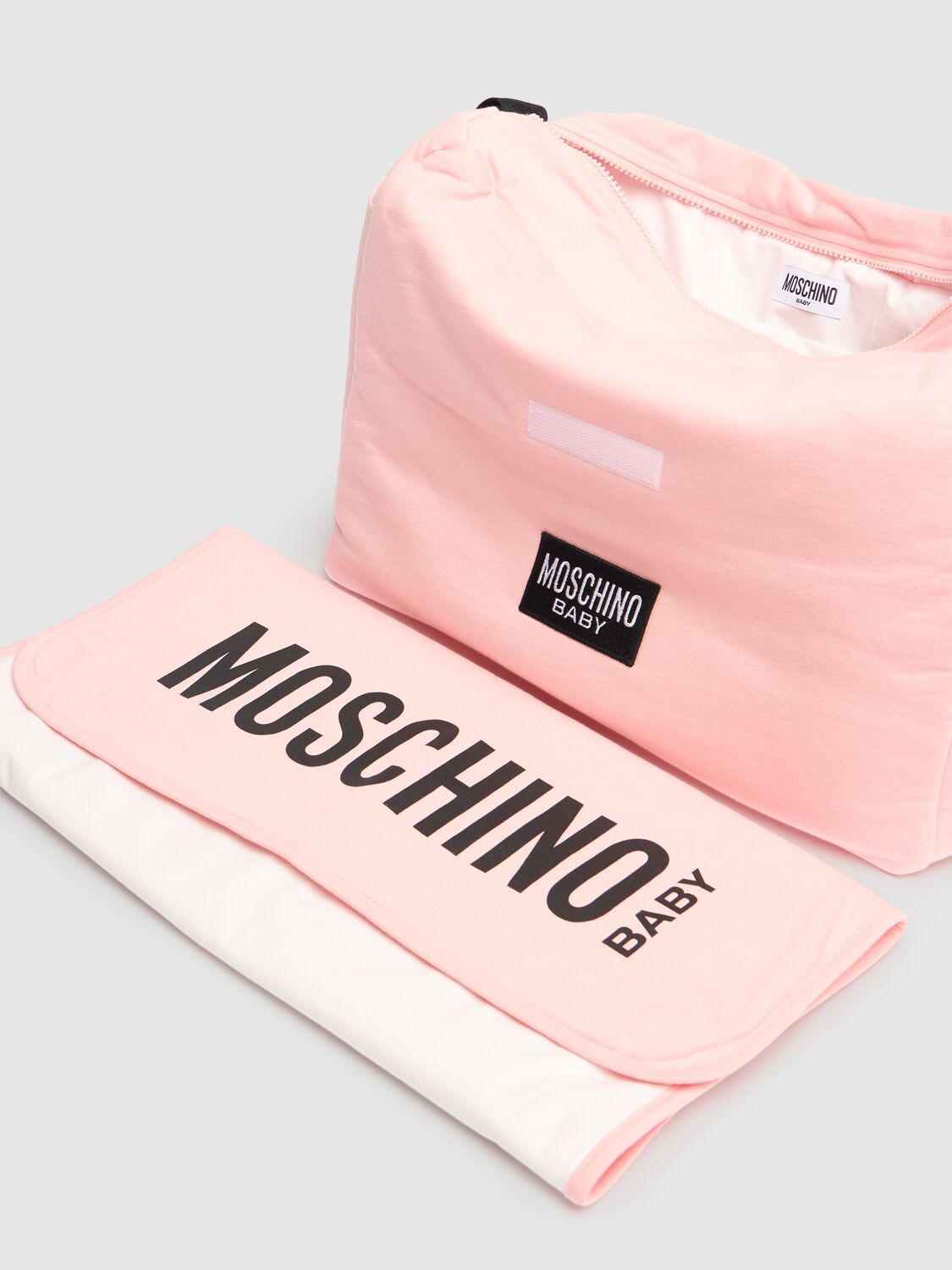 Shop Moschino Printed Cotton Changing Bag W/ Mat In Pink