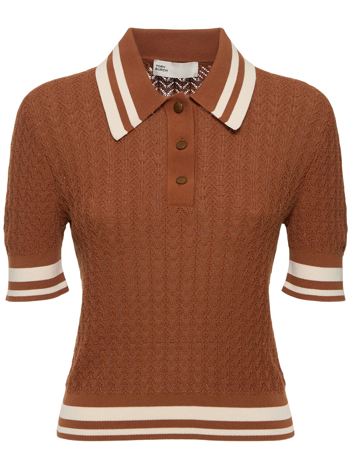 Shop Tory Burch Retro Cotton Pointelle Polo Shirt In Brown