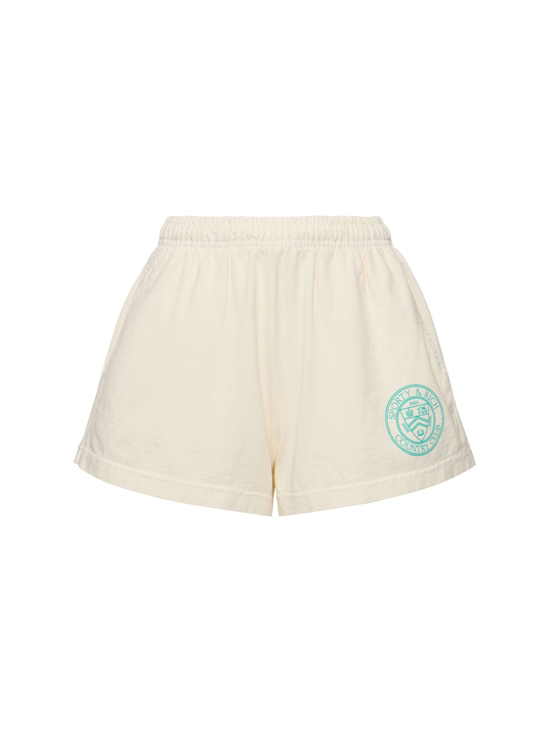 Sporty And Rich Connecticut Crest Disco Shorts In Beige/white