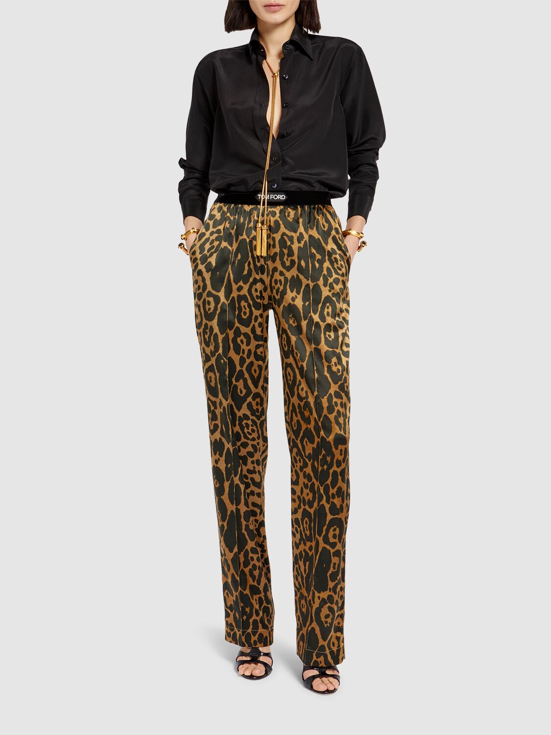 Tom Ford Camel Silk Blend Leopard Print Trousers In Camel/black