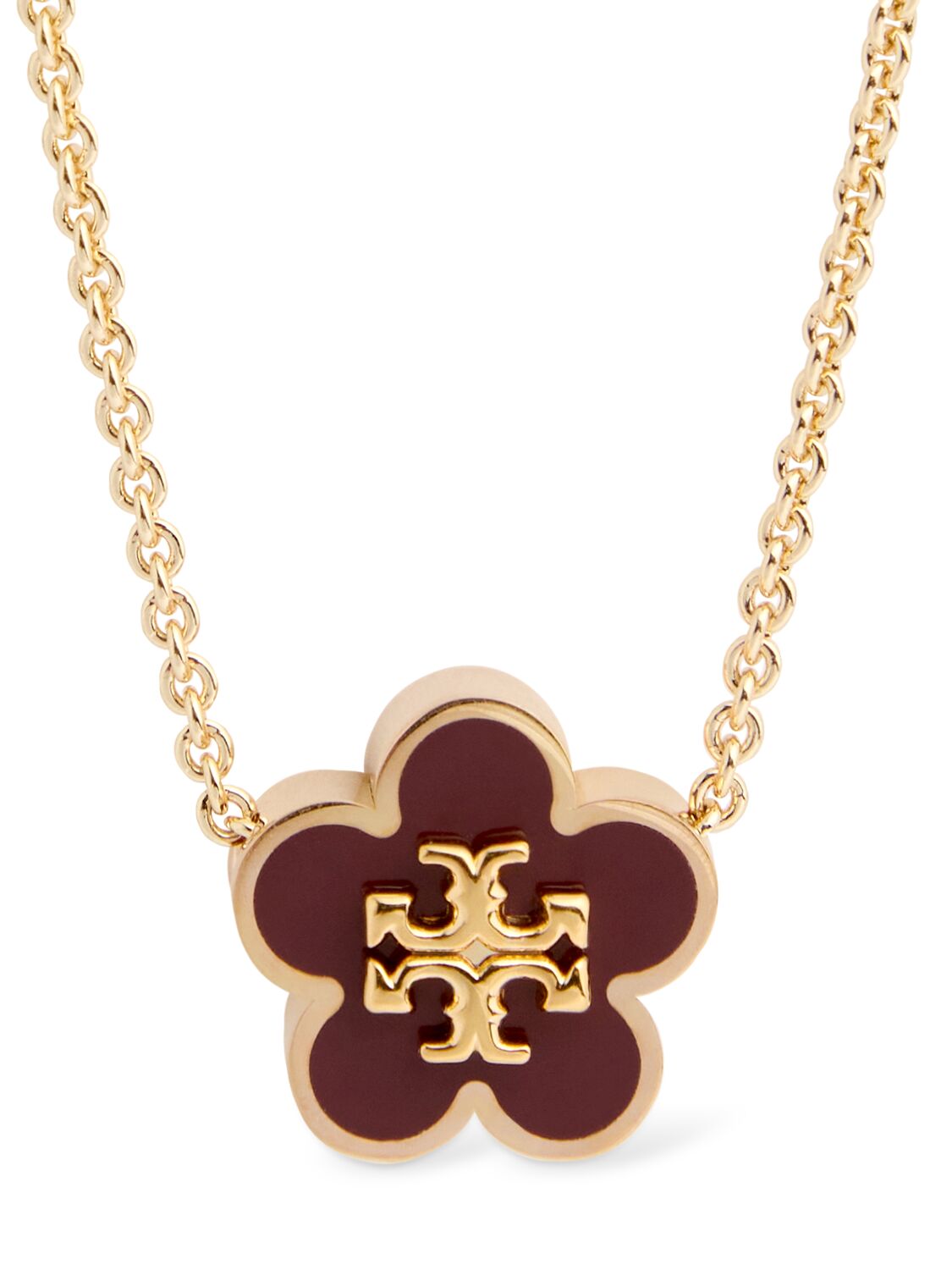 Tory Burch Kira Flower Pendant Necklace In Gold/burgundy