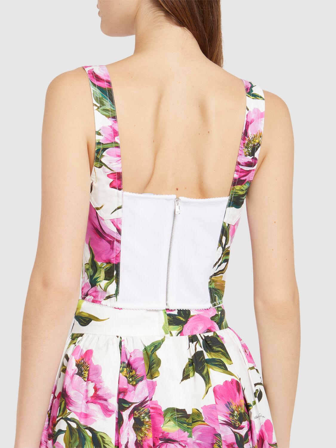 Dolce & Gabbana Pink Crop Top With All-over Printed Floral Motif In Cotton Blend Woman In Fuchsia/multi