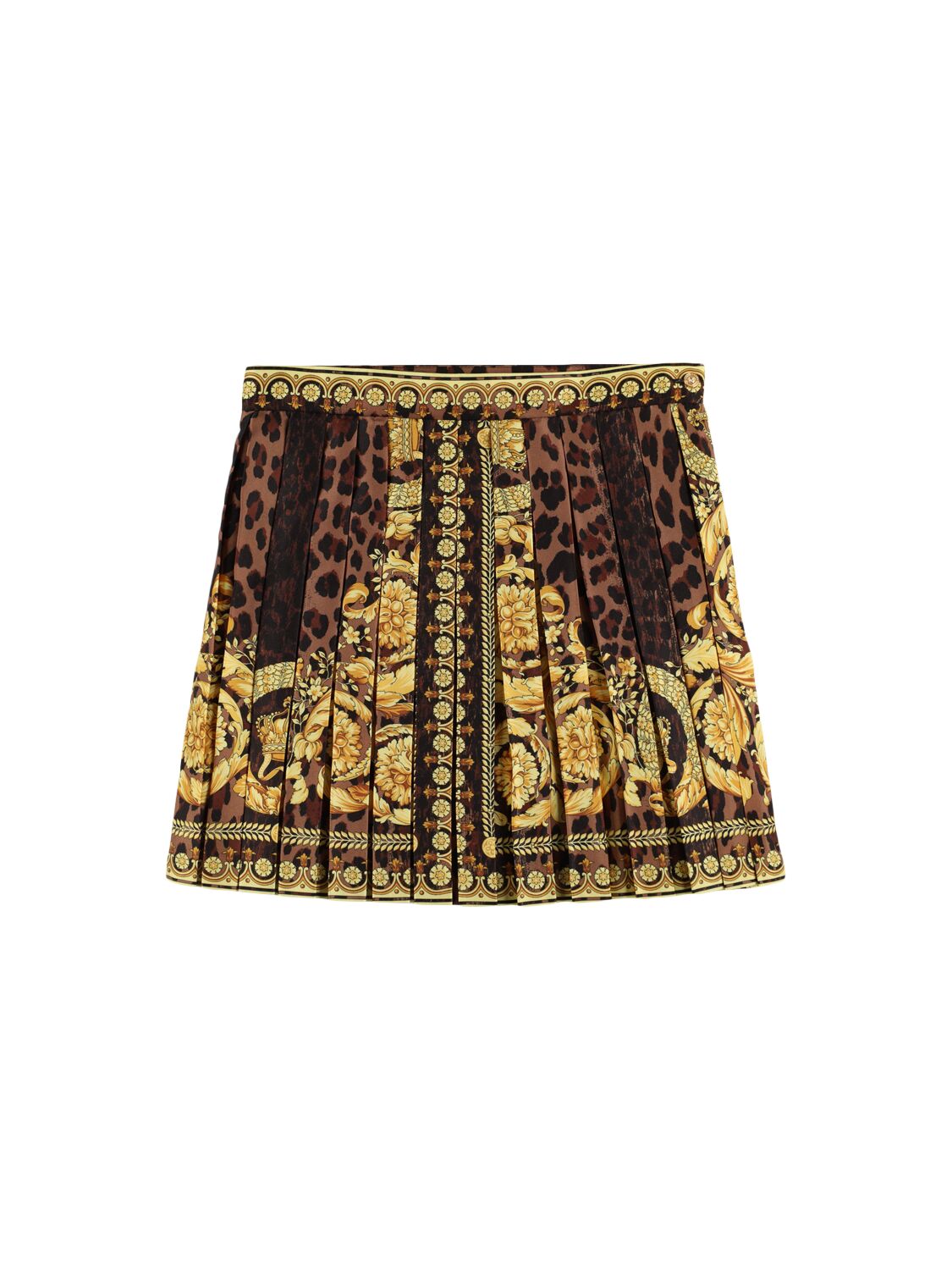 Versace Barocco Print Pleated Poly Twill Skirt In Brown