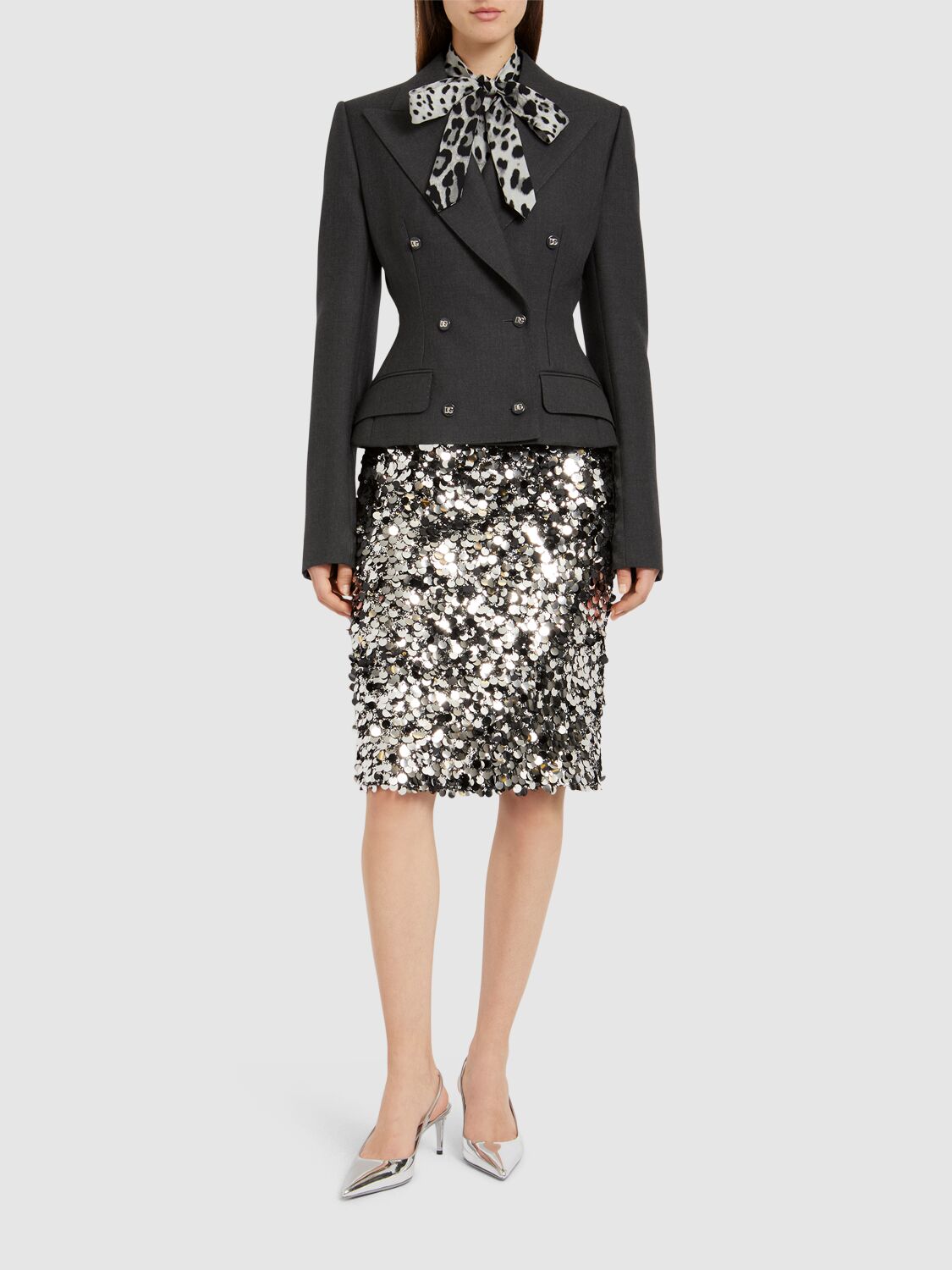 Dolce & Gabbana Leopard-print Charmeuse Shirt With Pussy-bow In Grey/black
