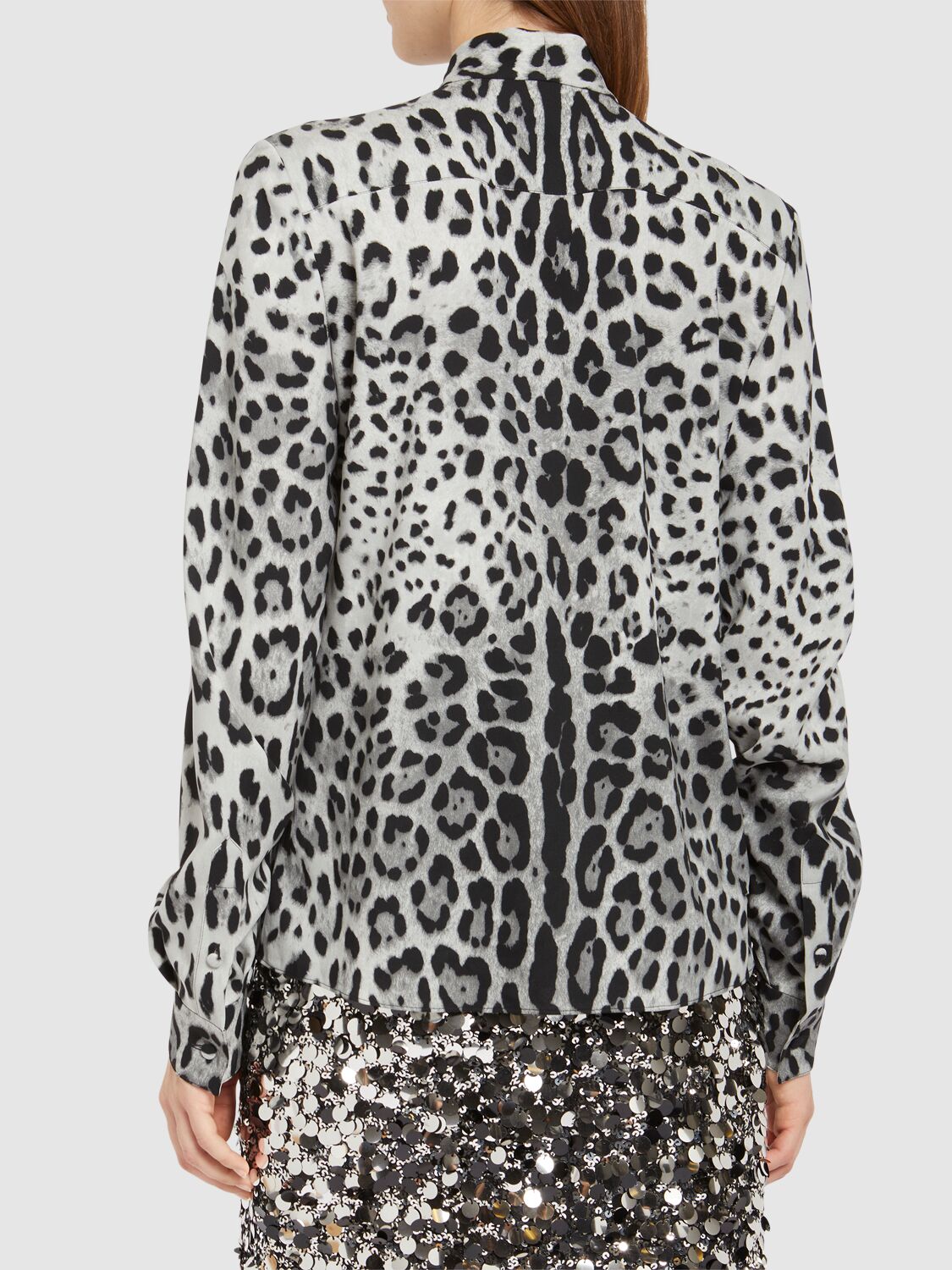 Dolce & Gabbana Leopard-print Charmeuse Shirt With Pussy-bow In Grey/black