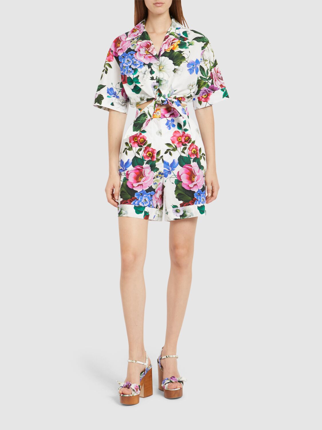Dolce & Gabbana Multicolor Crop Shirt With All-over Floral Motif And Logo Lettering Detail On The Front In Cotton Wo In Multicolor