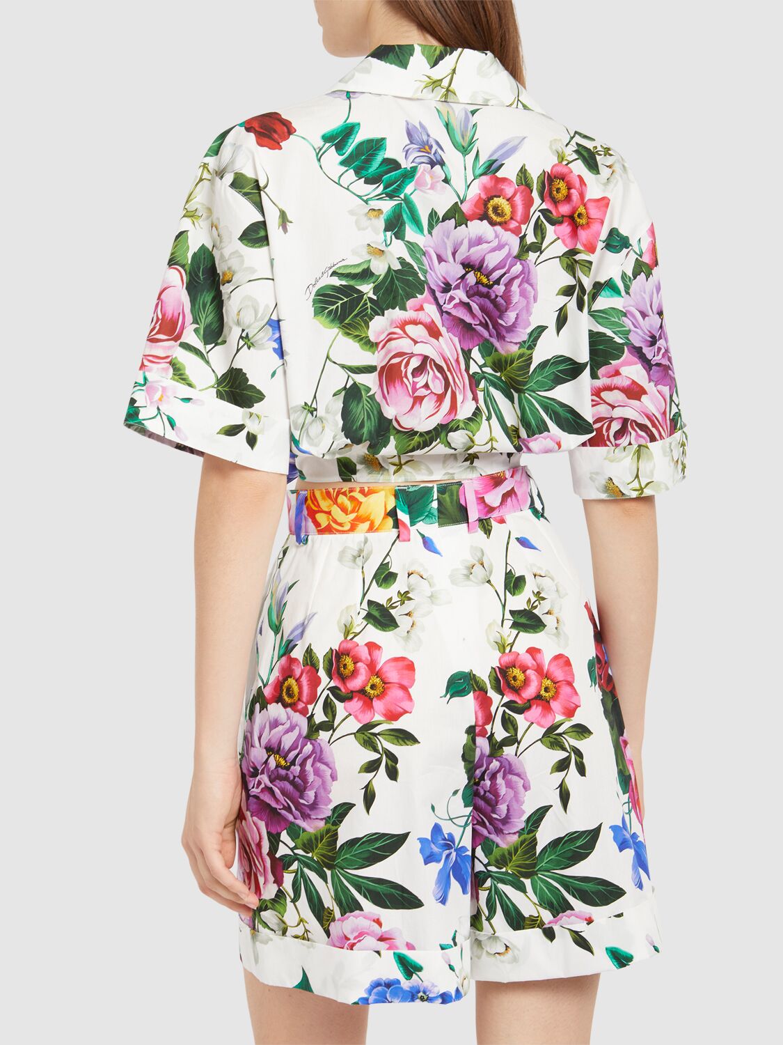 Dolce & Gabbana Multicolor Crop Shirt With All-over Floral Motif And Logo Lettering Detail On The Front In Cotton Wo In Multicolor