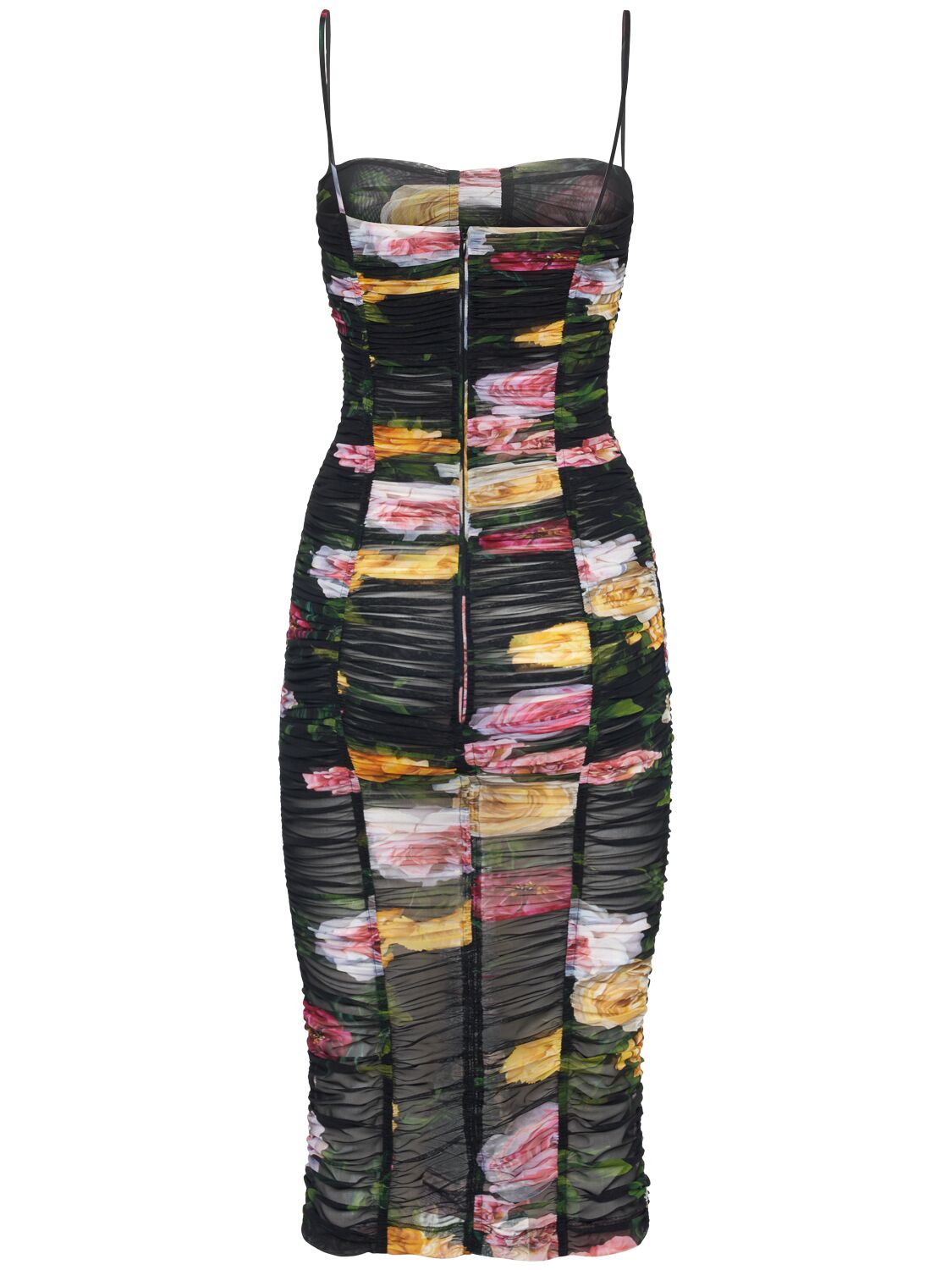 Dolce & Gabbana Printed Stretch Tulle Midi Dress In Black/multi