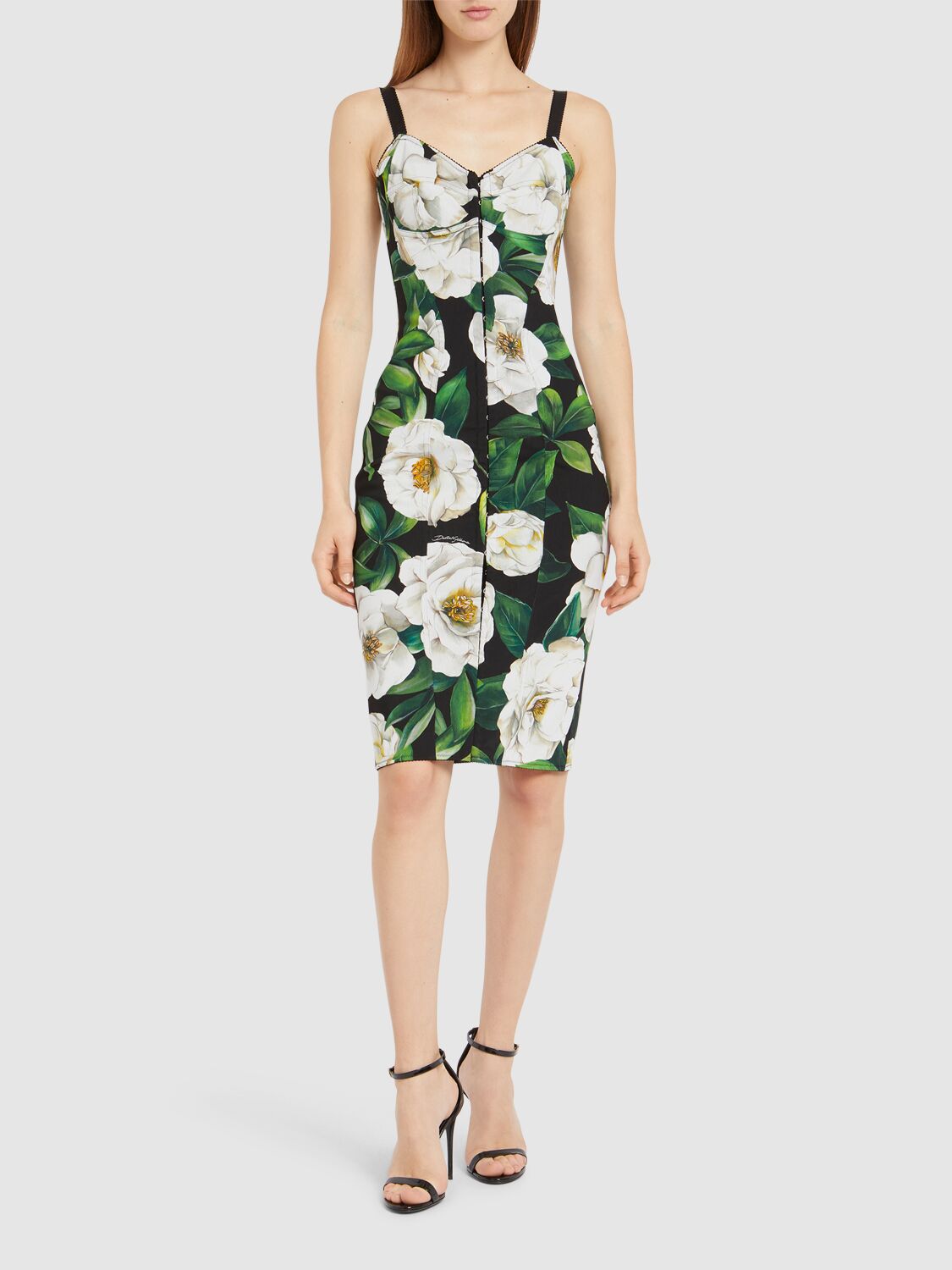 Dolce & Gabbana Black Floral Midi Synthetic Dress In Black/multi