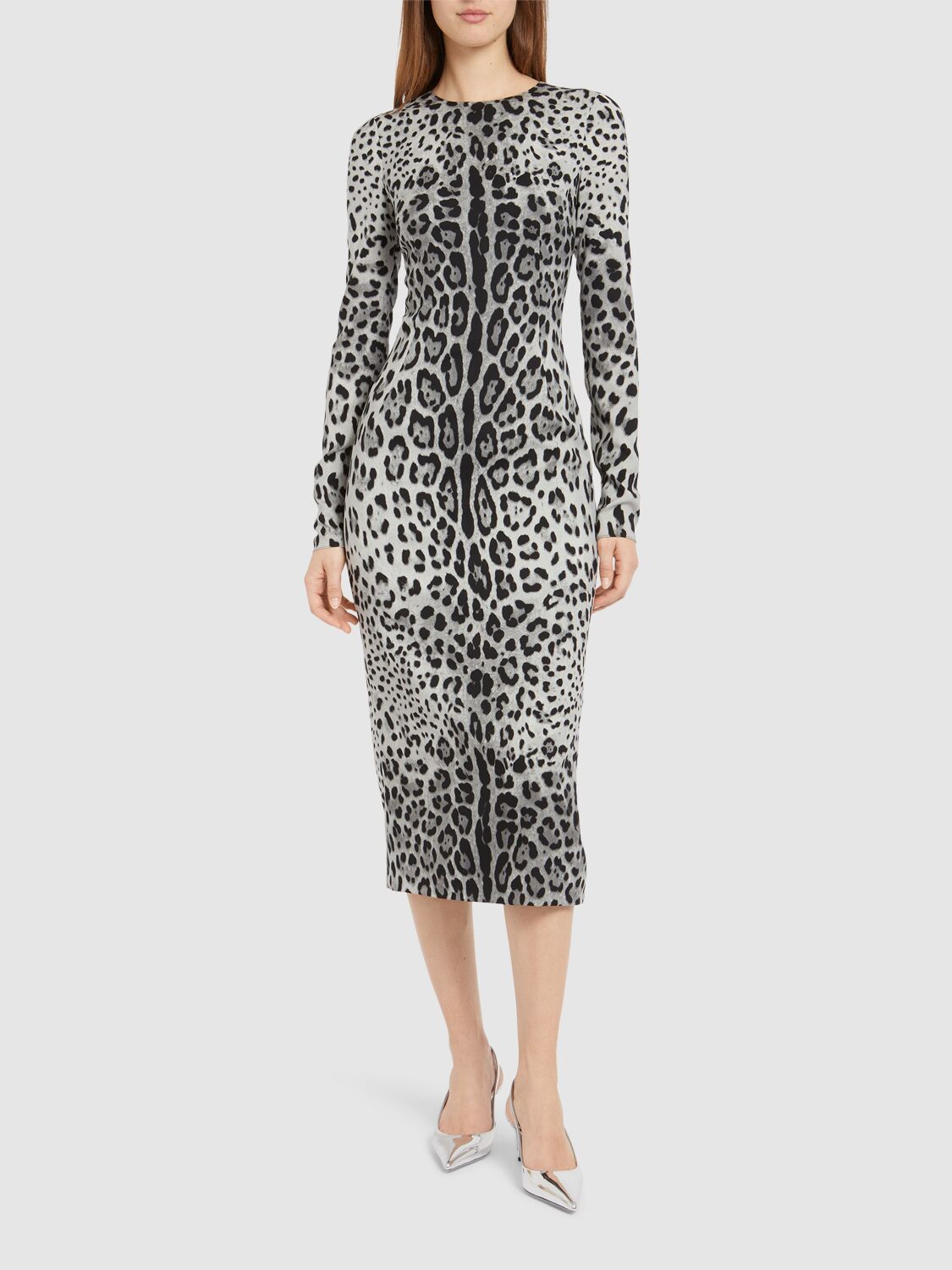 Dolce & Gabbana Leopard-print Long-sleeve Charmeuse Midi Dress In Grey/black