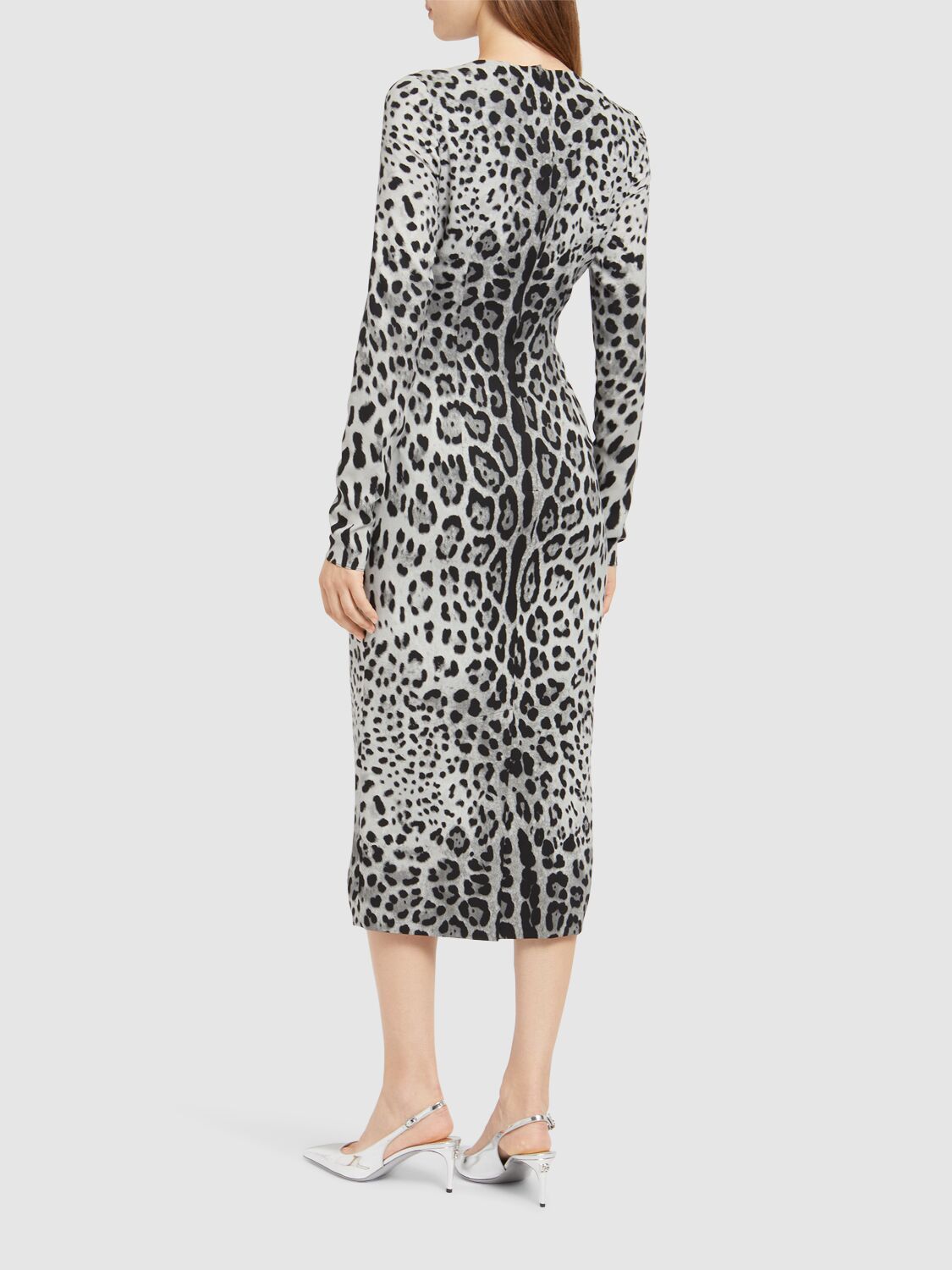 Dolce & Gabbana Leopard-print Long-sleeve Charmeuse Midi Dress In Grey/black